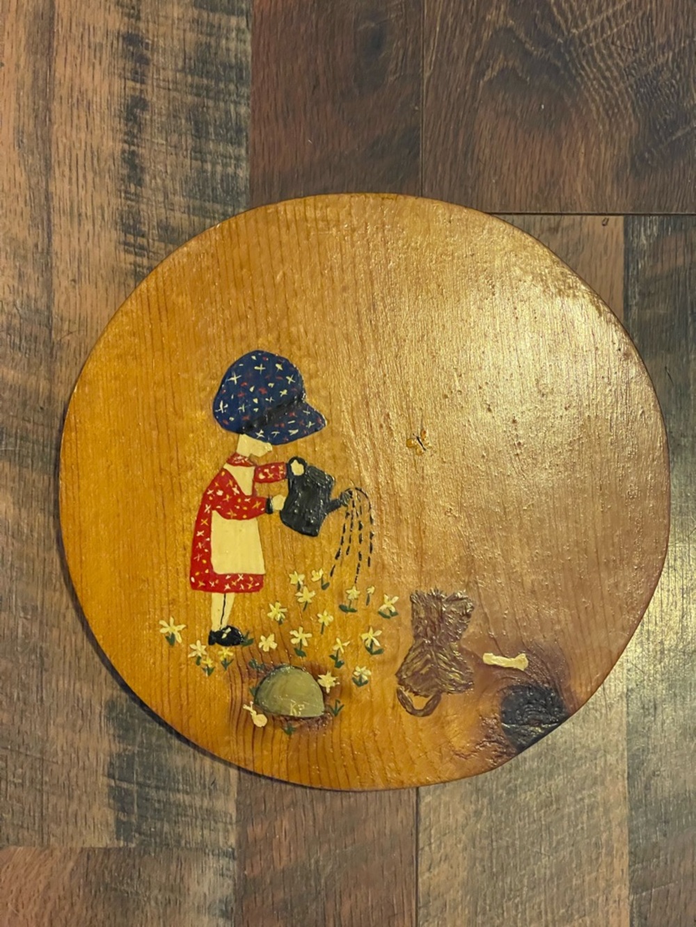 Vintage Hand-Painted Wooden Wall Art - Girl Watering Flowers in Blue and Red